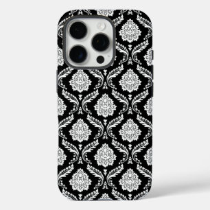 Coque iPhone 16 Pro Motif Damassé Rococo Blanc sur Noir
