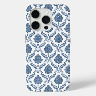 Coque Case-Mate iPhone Motif Damassé Rococo Bleu sur Blanc