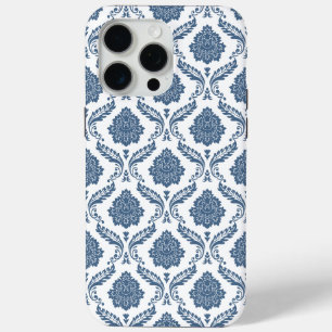 Coque Case-Mate iPhone Motif Damassé Rococo Bleu sur Blanc