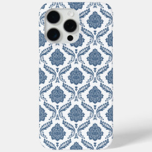 Coque Case-Mate iPhone Motif Damassé Rococo Bleu sur Blanc