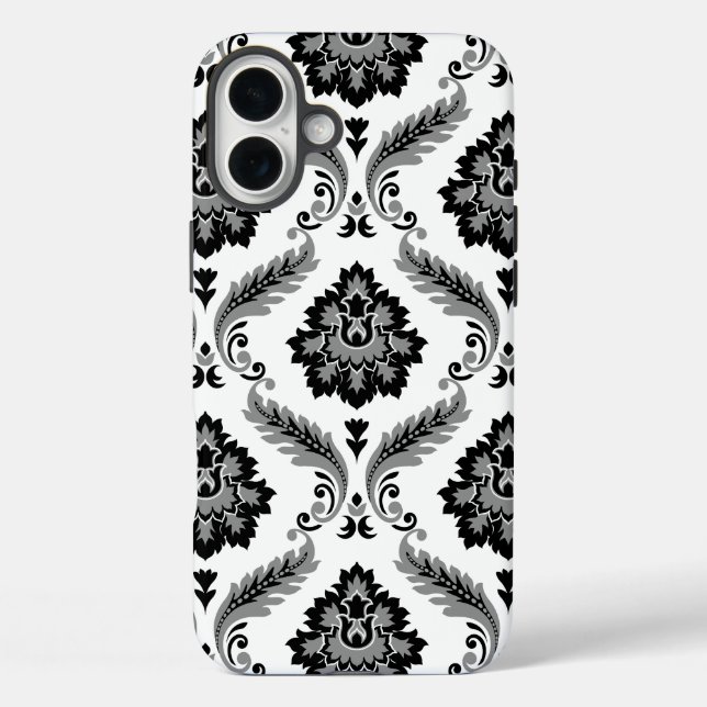 Coques Case-Mate iPhone Motif Damassé Rococo Gris Noir Blanc (Verso)