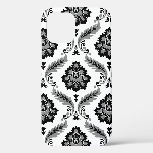 Coques Case-Mate iPhone Motif Damassé Rococo Gris Noir Blanc (Verso)