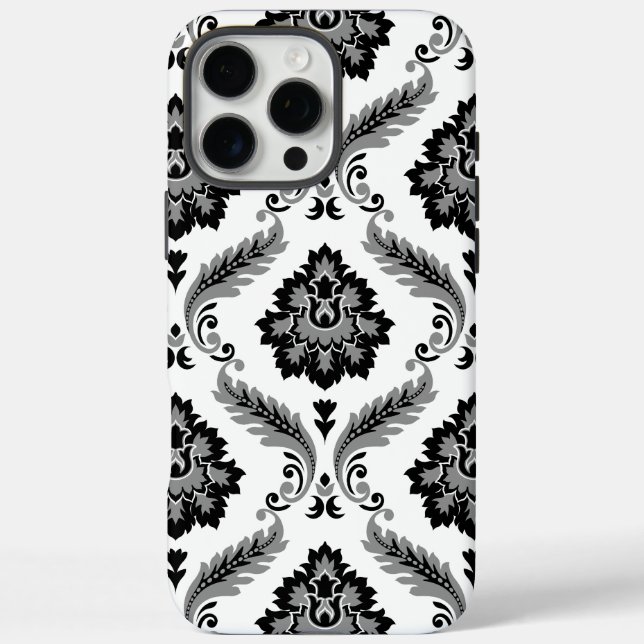 Coques Case-Mate iPhone Motif Damassé Rococo Gris Noir Blanc (Verso)