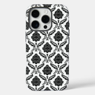 Coque iPhone 16 Pro Motif Damassé Rococo Noir sur Blanc