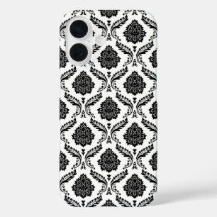 Coque Pour iPhone 16 Motif Damassé Rococo Noir sur Blanc