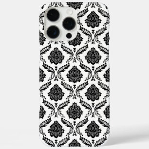 Coque iPhone 16 Pro Max Motif Damassé Rococo Noir sur Blanc