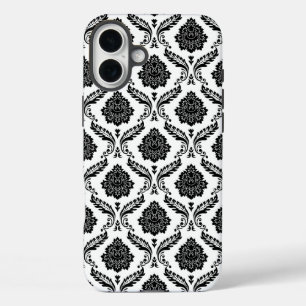 Coque Pour iPhone 16 Plus Motif Damassé Rococo Noir sur Blanc