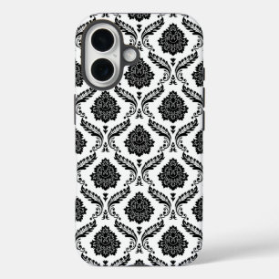Coque Pour iPhone 16 Motif Damassé Rococo Noir sur Blanc