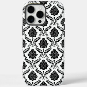 Coque iPhone 16 Pro Max Motif Damassé Rococo Noir sur Blanc