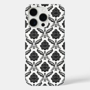 Coque iPhone 16 Pro Motif Damassé Rococo Noir sur Blanc
