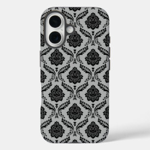 Coque Pour iPhone 16 Motif Damassé Rococo Noir sur Gris