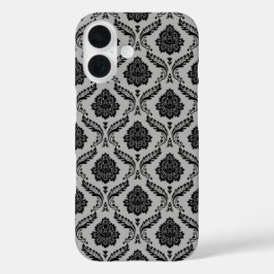 Coque Pour iPhone 16 Motif Damassé Rococo Noir sur Gris
