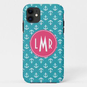 Coque Case-Mate Pour iPhone Motif d'Ancres de monogramme d'Aqua et de fuchsia
