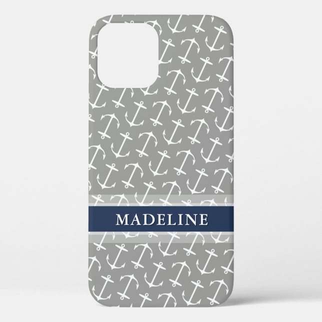 Coques Case-Mate iPhone Motif d'Ancres gris blanc Nom de la marine (Verso)