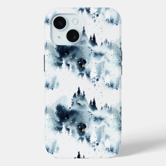 Coques Case-Mate iPhone Motif d'aquarelle de la forêt bleue de minuit (Verso)