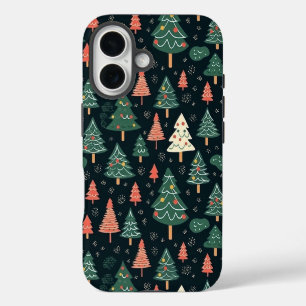 Coque Pour iPhone 16 Motif d'arbre de Noël vert et corail festif