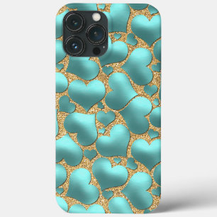iPhone 13 Pro Max Case Motif d'art du Coeur bleu turquoise de Faux Shiny 