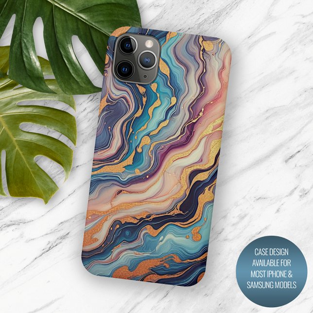 Coques Case-Mate iPhone Motif d'art en marbre d'or rose bleu foncé Aqua (Créateur téléchargé)