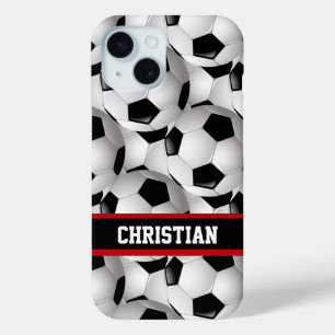 Coque Pour iPhone 15 Motif de balle de soccer personnalisé noir rouge b