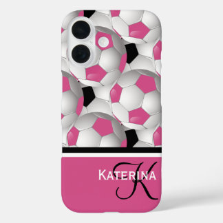 Coques iPhone 16 Motif de balle de soccer rose Monogram