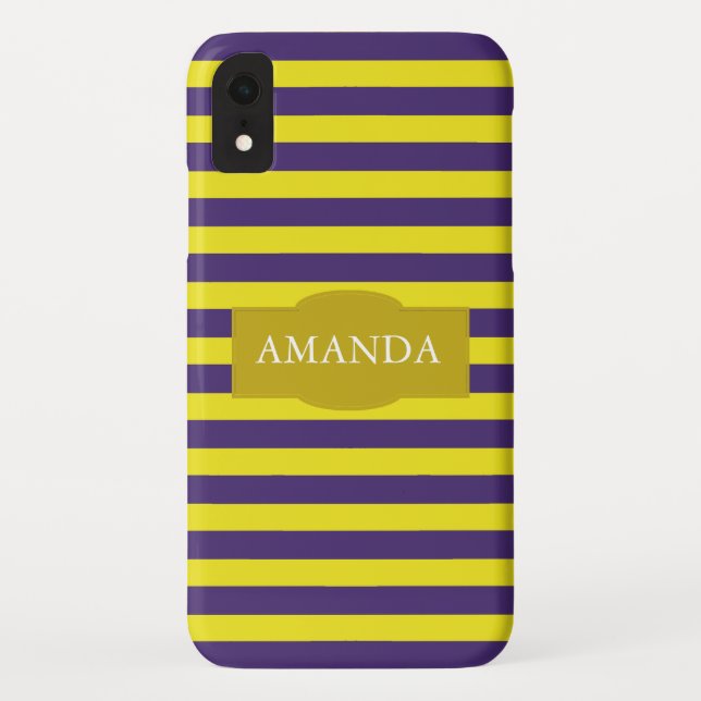Coques Case-Mate iPhone Motif de bande monogramme jaune et violet (Dos)