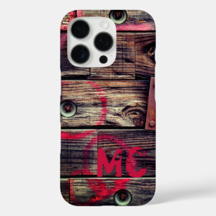 Coque iPhone 16 Pro Motif de bois rustique industriel monogramme