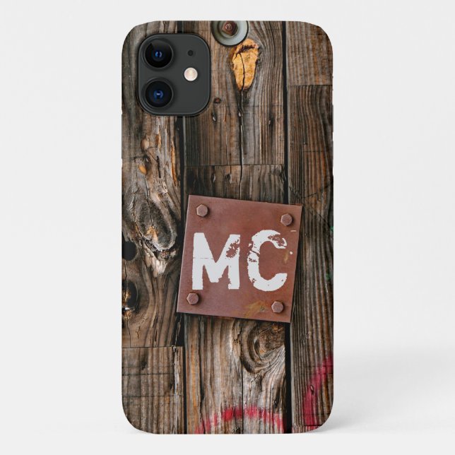 Coques Case-Mate iPhone Motif de bois rustique industriel monogramme (Dos)