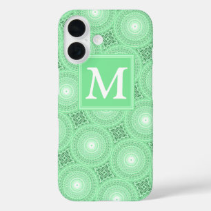 Coque Pour iPhone 16 Motif de cercles vert printemps monogramme