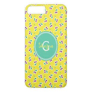 Coque iPhone 8 Plus/7 Plus Motif de cerise rétro jaune vert féminin monogramm