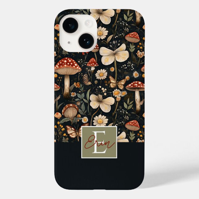 Coques Case-Mate iPhone Motif de champignons et de fleurs avec nom (Verso)