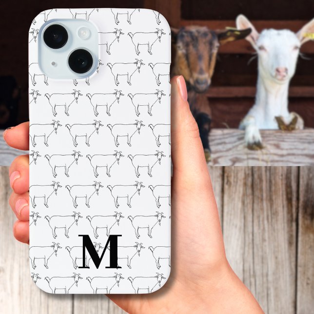 Coques Case-Mate iPhone Motif de chèvre mignonne noir et blanc (Cute goat drawing pattern black and white custom monogram initial iPhone case funny farm animal art)