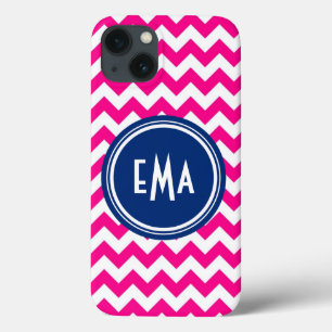 iPhone 13 Coque Motif de chevron en monogramme rose blanc et bleu