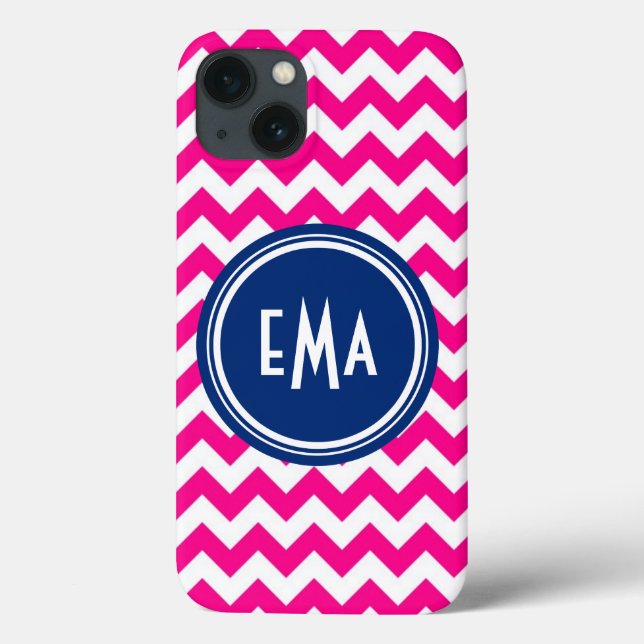 Coques Case-Mate iPhone Motif de chevron en monogramme rose blanc et bleu (Verso)