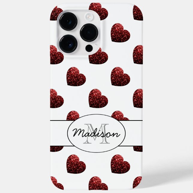 Coques Case-Mate iPhone Motif de coeurs en paillettes rouges Monogramme bl (Verso)