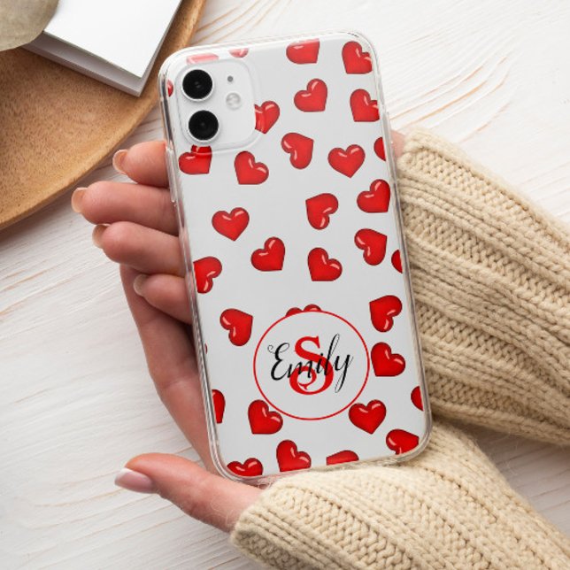 Coques Case-Mate iPhone Motif de coeurs rouges élégant sur blanc monogramm (Créateur téléchargé)