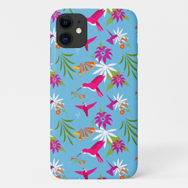 Coques Case-Mate iPhone Motif de colibri rose bleu tropical (Dos)