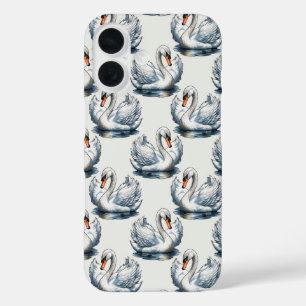 Coque Pour iPhone 16 Motif de cygnes sur fond blanc