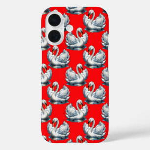 Coque Pour iPhone 16 Motif de cygnes sur fond rouge