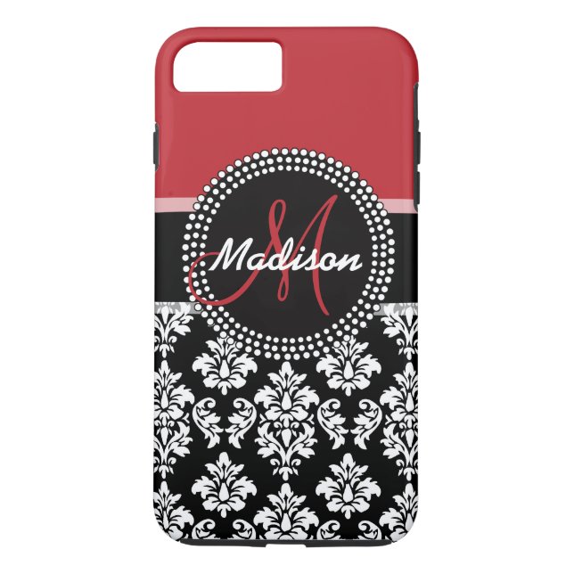 Coques Case-Mate iPhone Motif de Damas Noirs Rouges, votre nom Monogramme (Dos)