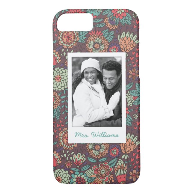Coques Case-Mate iPhone motif de dessin animé floral Custom Photo & Name (Dos)