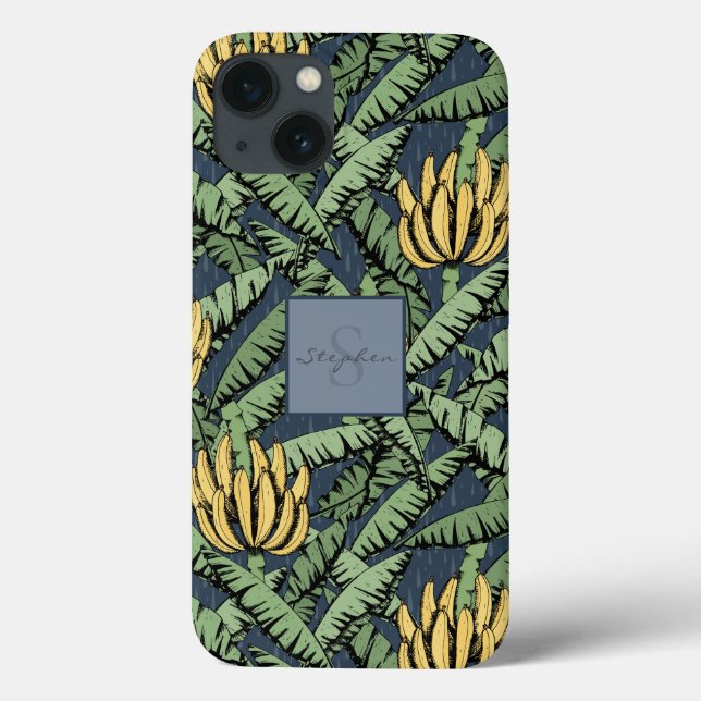 Coques Case-Mate iPhone Motif de feuille de banane jaune tropical bleu mar (Verso)