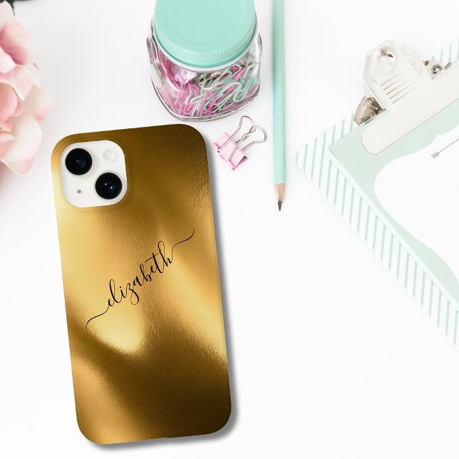 Coques Case-Mate iPhone Motif de feuille d'or en monogramme de script Glam (Monogrammed Script Gold Foil iPhone Case)