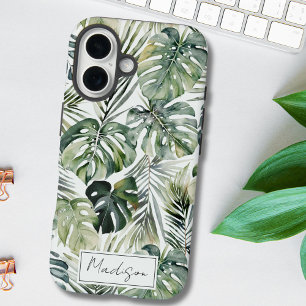 Coque Pour iPhone 16 Motif de feuilles de forêt tropicale vert aquarell
