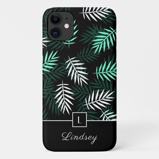 Coques Case-Mate iPhone Motif de feuilles vertes de monogramme moderne (Dos)