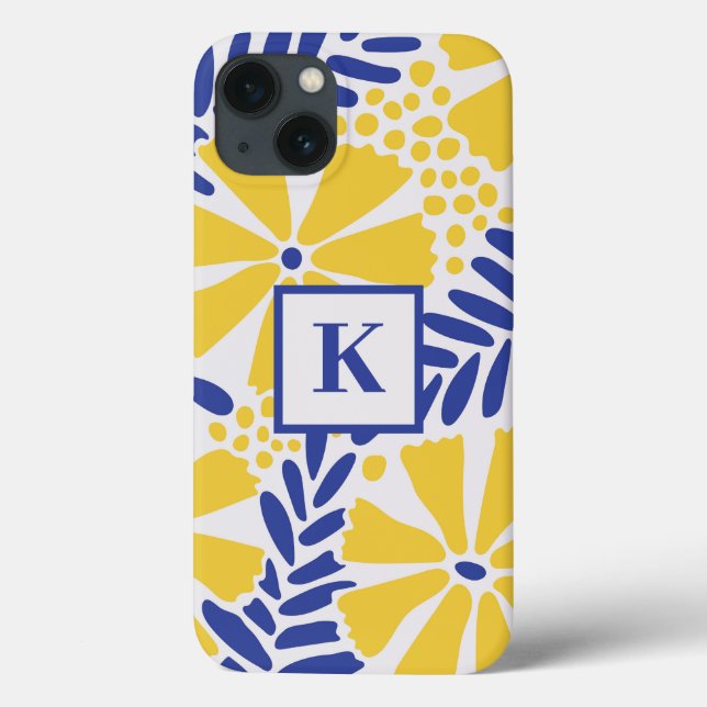 Coques Case-Mate iPhone Motif de fleur bleu et jaune avec monogramme (Verso)