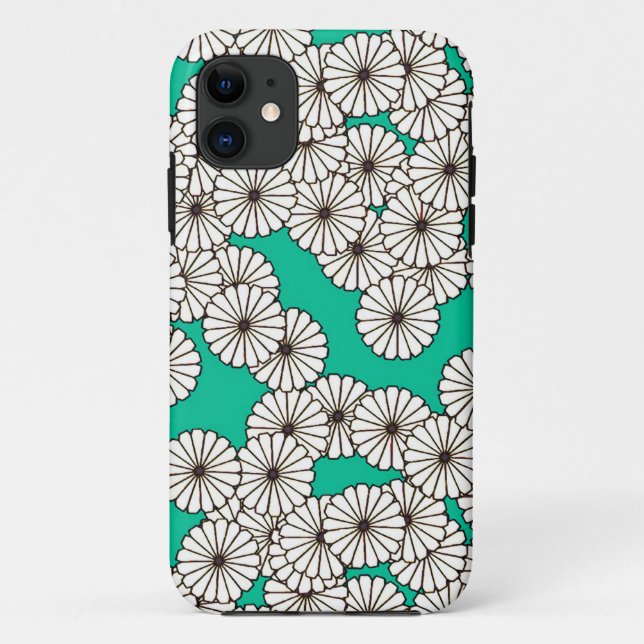 Coques Case-Mate iPhone Motif de fleur d'art déco - blanc sur la turquoise (Dos)