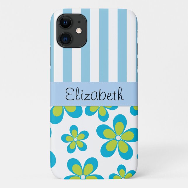 Coques Case-Mate iPhone Motif De Fleurs, Bleues, Votre Nom (Dos)