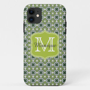 Coque iPhone 11 Motif de fleurs vertes Monogrammes