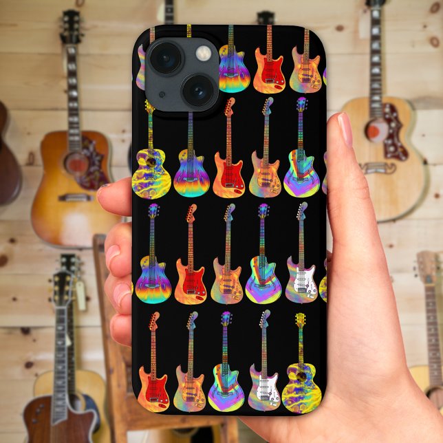 Coques Case-Mate iPhone Motif de guitare psychédélique coloré sur noir (Colorful psychedelic guitar pattern on black phone case)