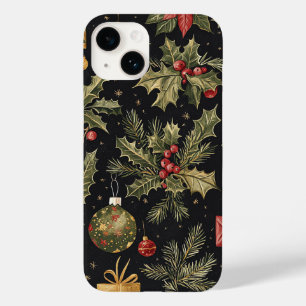 Coque Case-Mate iPhone Motif de houx rouge et or de Noël sur fond noir